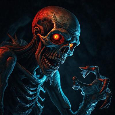 The primary subject of the image is a skeleton with a blue and red head, which appears to be a digital art or illustration. The setting is a dark background, possibly a night sky, and the visual style is a combination of photo and digital art. The colors and mood of the image are predominantly dark and eerie, with the skeleton's blue and red head standing out as a focal point.